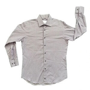 David Donahue Dress Shirt Mens 16 32/33 Purple And White Plaid Slim Fit